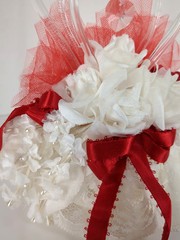 Vintage Lomey Wedding Anniversary Cake Topper Triple Heart Floral Red White 7.5″