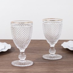 6 pack 8 oz CLEAR Glass Wine Goblets with GOLD Rim and Embossed Diamond Pattern