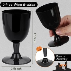 Mimorou 50 Pcs Black Plastic Wine Glasses, 5.4 oz Disposable Goblets with Ste…