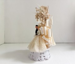 Vintage ‘60s Bride & Groom Cake Topper–Cotton Flowers, Ribbon, Lace, Plastic