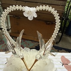 VTG Ornate Hand Blown Spun Glass Wedding Cake Topper Heart Humming Birds Gold