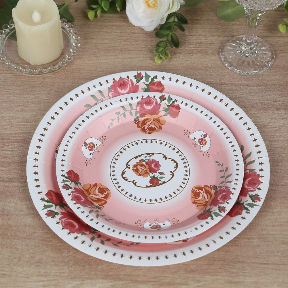 25 DUSTY ROSE 7″ Paper Round Plates with Vintage Rose Flower Print Wedding