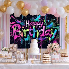 Neon Happy Birthday Banner 96×72 Inch Photography Backdrops Party Background …
