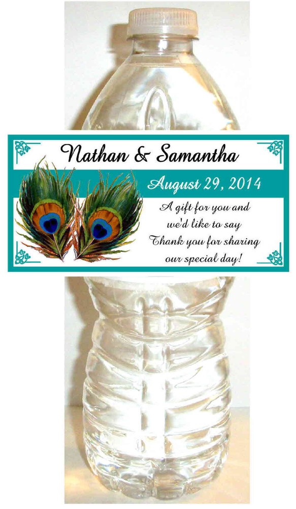 100 TEAL PEACOCK WEDDING WATER BOTTLE LABELS ~ Glossy ~ Waterproof