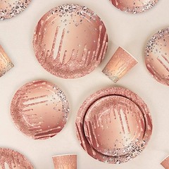 72 ROSE GOLD Disposable Paper TABLEWARE SET Diamond Glitter Pattern Party Events