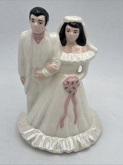 Vtg 1950’s Wedding Cake Topper 7” Bride & Groom Ceramic Iridescent Dress Pink
