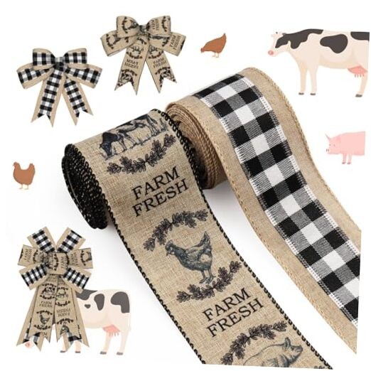 ALIBBON 2 Rolls 2.5″ × 5 Yd Farmhouse Animals Ribbon Black White Farm Fresh