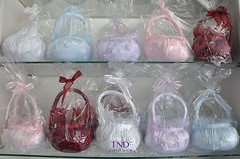 WEDDING CEREMONY SATIN FLOWER GIRL BASKET WITH ORGANZA FLOWERS AND PEARL CENTERS