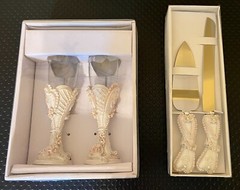 Wedding Celebration Server Set and Goblets Rose Bead Poly New
