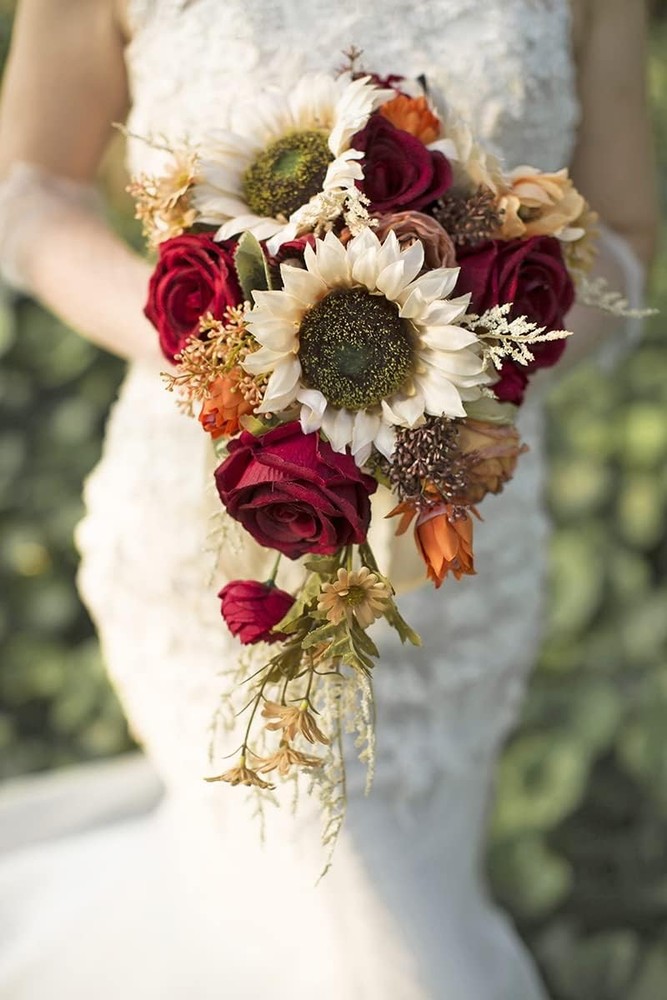 9 Inch Vintage Sunflower Wedding Bouquets for Bride Artificial Burgundy Rose