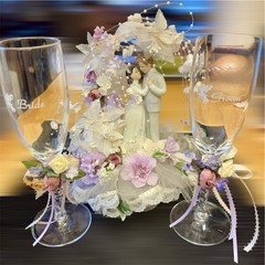 (3pc Set) VTG Y2K Wedding Couple Cake Topper+ Bride & Groom Flutes Porcelain