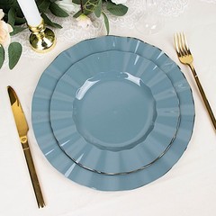 10 DUSTY BLUE 11″ Round PLASTIC Salad Dinner PLATES Gold Wavy Rim Wedding Party