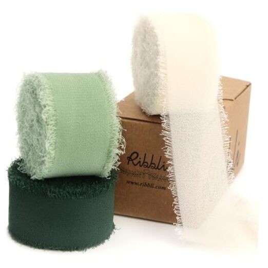 Green Ribbon 1 Inch x 3 Rolls Total 24 Yards Handmade Ivory/Sage/Forest Green