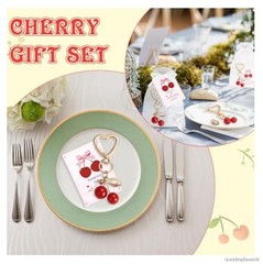 24 Cherry Keychain Party Favors with Organza Bags Thank You Cards Wedding Baby