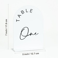 Arched Table Numbers 1-10, 5×7 Inch, White Acrylic, Black Lettering, Stands