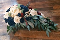 Burgundy White & Navy Blue Cascading Bridal Bouquet Made of Wood Wedding Flowers