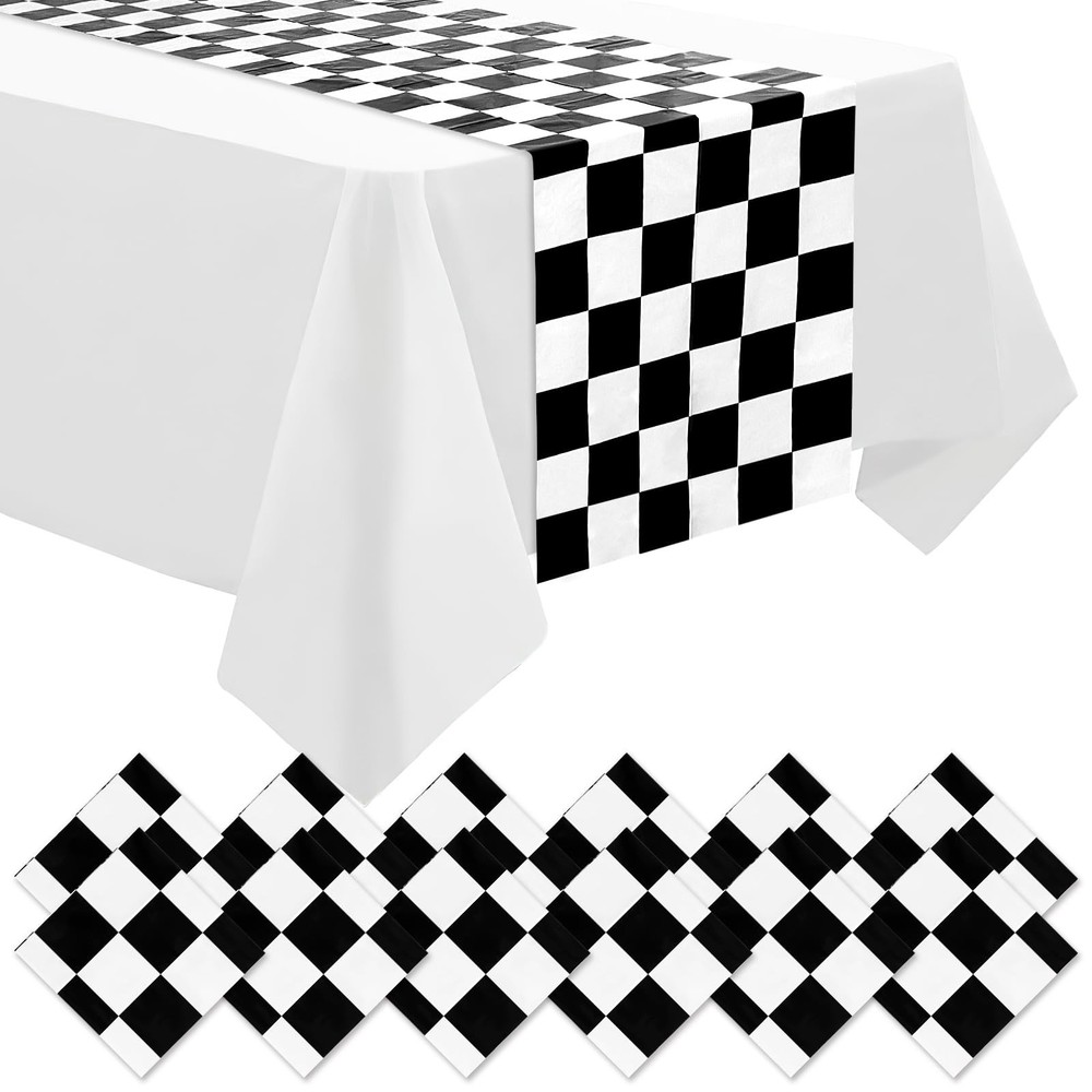 6 Pcs Black and White Checkered Table Runner 14 x 108 Inch Disposable Plastic…