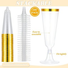 CHENGU 200 Pack Champagne Flutes Cups Plastic 5 Oz Wine 5 Ounces, Gold