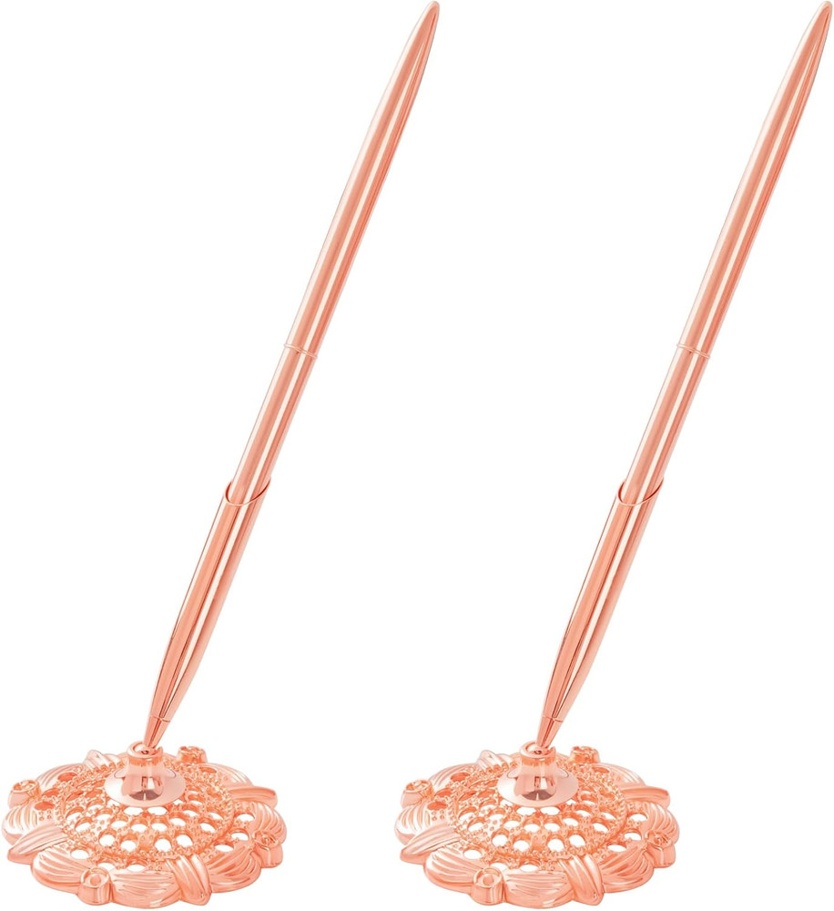 2Pcs Rose Gold Wedding Pen and Metal Pen Stand Holder Set Signing Desk Ballpoint
