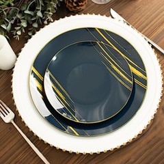 NAVY BLUE GOLD 10 Round 10″ Plastic Salad DINNER PLATES Metallic Prints Party