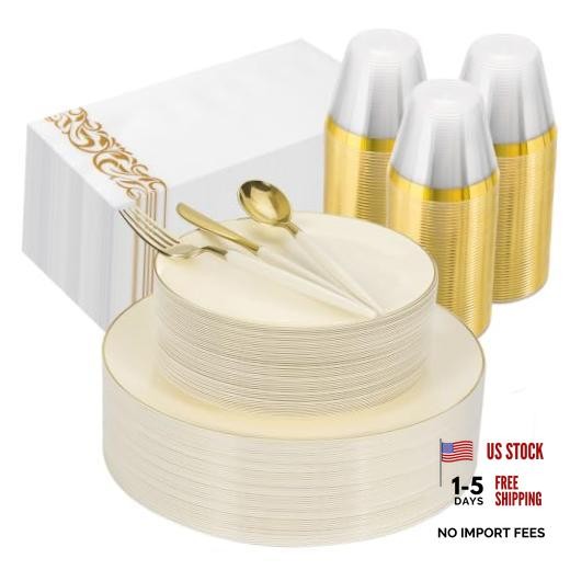 3PCS lvory Plastic Dinnerware Set – lvory and Gold Rim – Disposable 50 Ivory