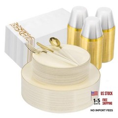 3PCS lvory Plastic Dinnerware Set – lvory and Gold Rim – Disposable 50 Ivory