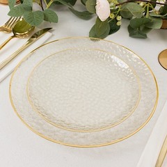 10 Round 9″ CLEAR Hammered Plastic Salad DINNER PLATES Glitter Gold Rim Party