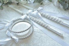 Crystal Pearl Greek Orthodox Wedding Stefana with 2-24″ Wedding Candles in White