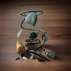 Metal Leaves And Yellow Bird Candle Holder Stand