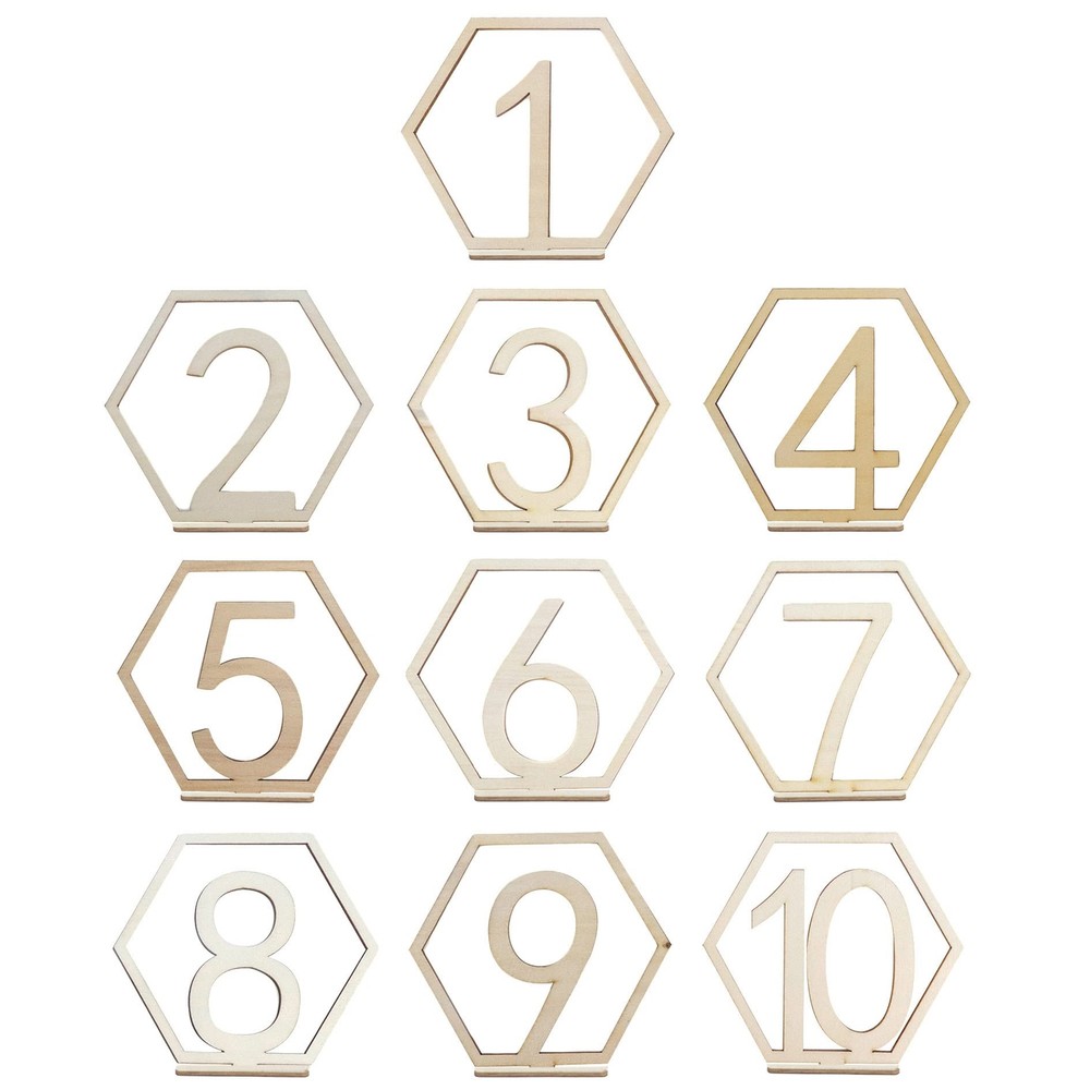 10pcs Wooden Table Numbers 1-10 Hexagon Shape Holder Base Wedding Reception