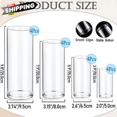 UDU Set of 16 Cylinder Glass Vases and 16 Pack(4,6,8,10 Inch ), Clear,white