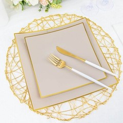 10 TAUPE 8″ Square Concave Plastic Salad Dinner PLATES Gold Rim Party Events