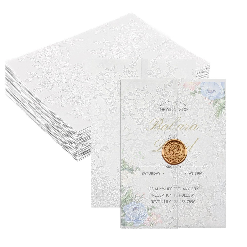 60 Pack Floral Vellum Jackets for 5×7 Invitations, Pre-Folded 115GSM Transluc…
