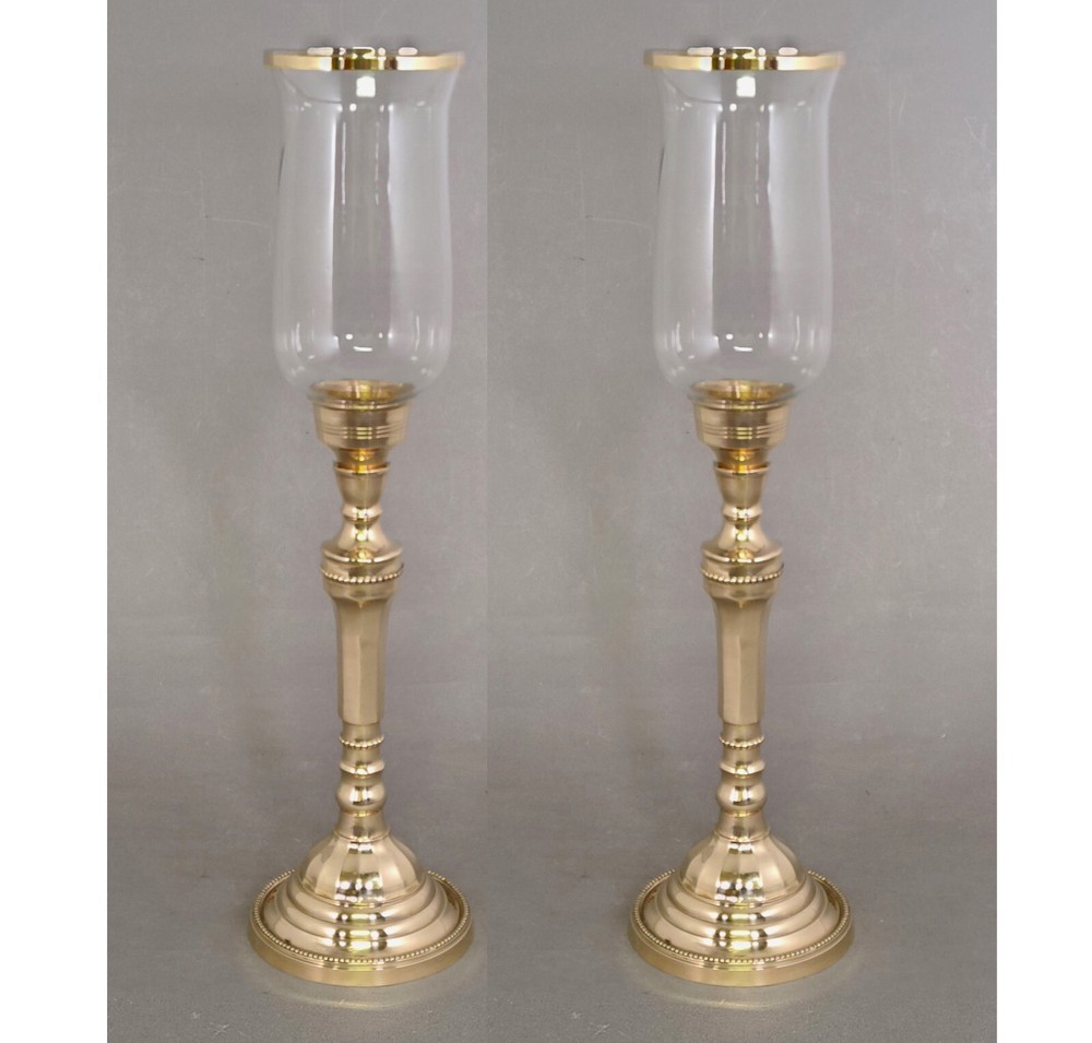 Candle Holder Brass Clear Glass Shade and Brass Ring 5.5″Dia 19.5″High Set/2