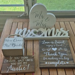 Wood Wedding Signs Set, Reusable Hanging Decorations, White Brown, 5 Pieces