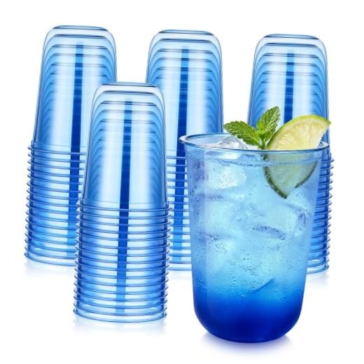 Pack of 50 Blue 16oz Disposable Plastic Cups – Clear Stemless Wine Drinking