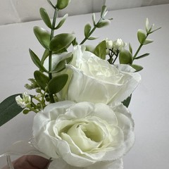 Corsage and Boutonniere Set Cream Ivory Roses Baby’s Breath Greenery Handmade