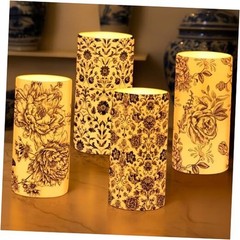 4 Pcs Flameless Pillar Candles LED Blue and White Porcelain Chinoiserie