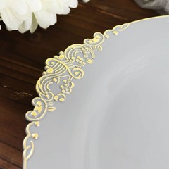 10 GRAY GOLD 10″ Round Plastic Salad Dinner PLATES Embossed Baroque Rim Party