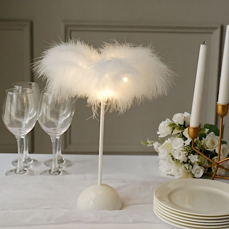 15″ WHITE Feather DESK LAMP Decorative LED Light Table Centerpiece Party Home
