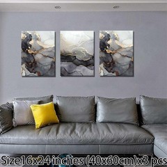 3Pcs Framed Modern Abstract Black and Gold Canvas Wall Art Fluid Lines Marble…