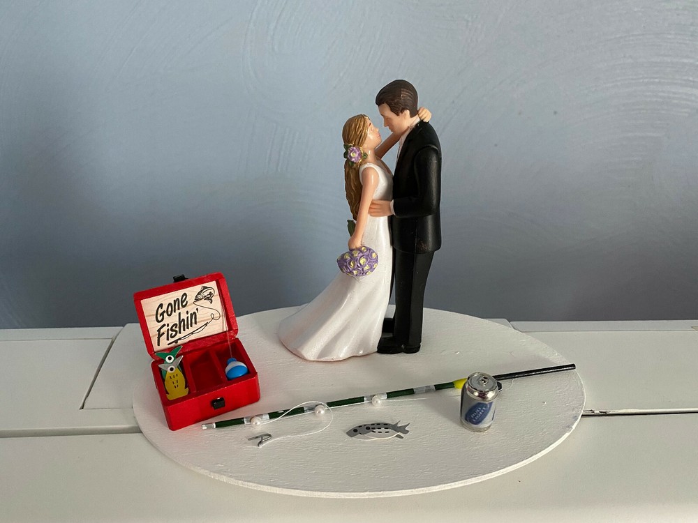 Cake Topper Wedding Bridal Bride Groom Going Gone Fishing Theme with a Beer Can