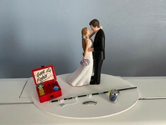 Cake Topper Wedding Bridal Bride Groom Going Gone Fishing Theme with a Beer Can