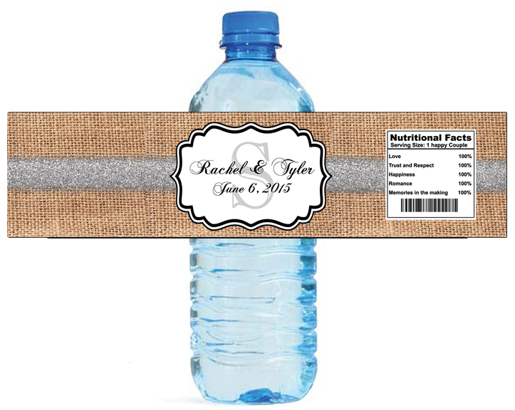 100 Burlap Silver Glitter Monogram Wedding Water Bottle Labels Anniversary Party