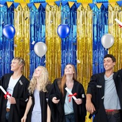3 Pack 3.3Ft x 6.6Ft Graduation Foil Fringe Curtain Backdrop Blue Gold