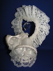 New Vintage Double White Satin Bells Cake topper with elegant Lace #423