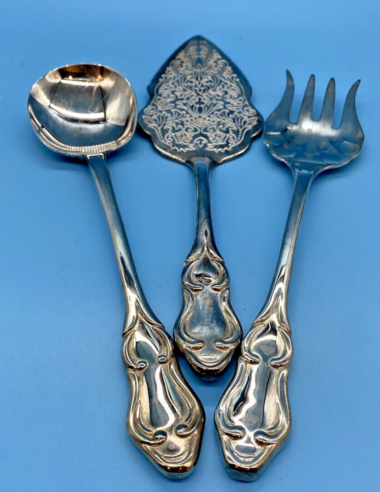 Stainless Steel Salad & Pie/Cake 3 PC Server Set – Nice Pattern & Heavy Duty-VTG