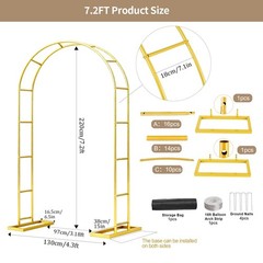 7.2FT Metal Wedding Arch Stand Gold Square Arched Backdrop 7.2FT, Matte