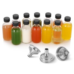 12 Pack, 2 oz Small Clear Glass Bottles w/Lid & 3 Funnels – 60ml Boston