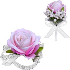 Rose Corsage Wristlet Band and Boutonniere Set, Pink Flowers